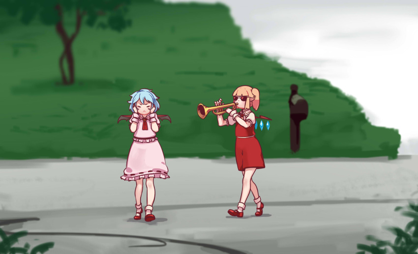 2girls ascot bat_wings blonde_hair blouse blue_hair brooch closed_mouth covering_ears crystal day flandre_scarlet full_body hands_up highres holding holding_instrument instrument jewelry mary_janes medium_hair medium_skirt meme multiple_girls music no_headwear outdoors pink_blouse pink_skirt playing_instrument pointy_ears puffy_short_sleeves puffy_sleeves red_footwear red_skirt red_vest remilia_scarlet shoes short_hair short_sleeves siblings side_ponytail sisters skirt skirt_set socks touhou trumpet vest walking wings wrist_cuffs yellow_neckwear yoruny