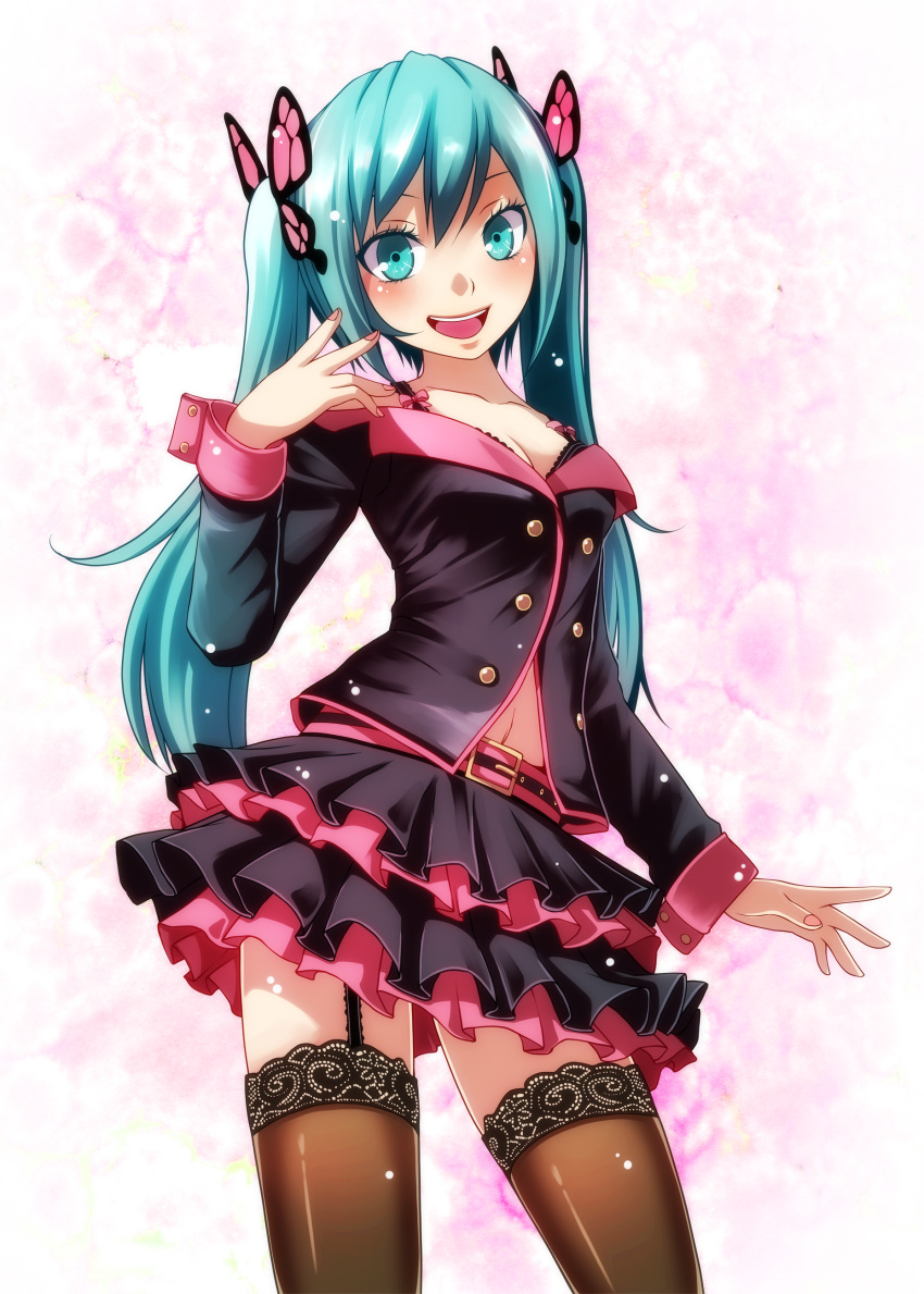 1girl :d absurdres bangs black_bra blue_eyes blue_hair bra breasts brown_legwear butterfly_hair_ornament cleavage collarbone contrapposto garter_straps hair_ornament hatsune_miku highres layered_skirt long_hair medium_breasts midriff miniskirt nail_polish navel open_mouth pink_nails pleated_skirt project_diva_(series) skirt smile solo standing stomach sweet_devil_(vocaloid) thigh-highs tsukishiro_saika twintails underwear very_long_hair vocaloid