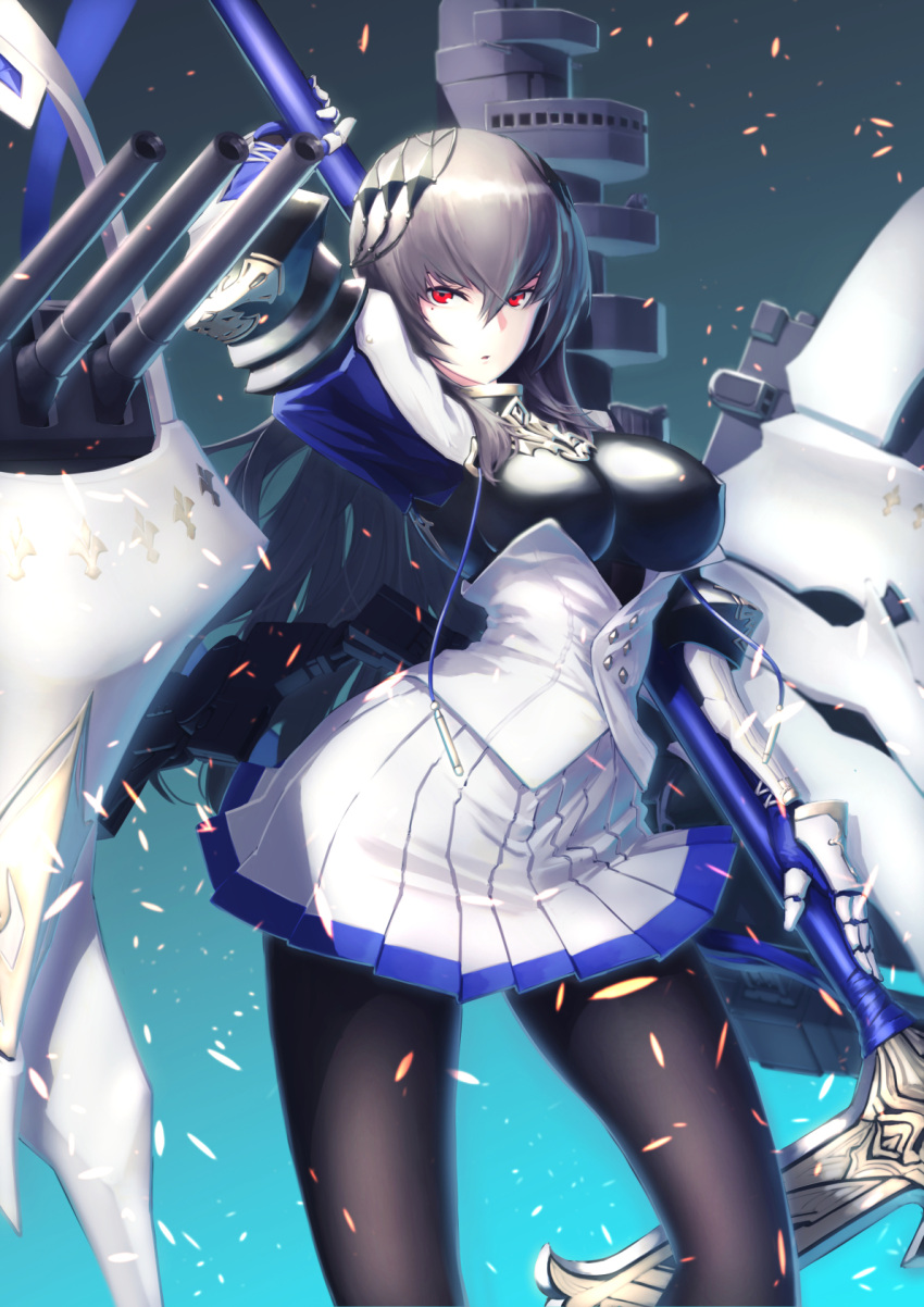 1girl arm_behind_head azur_lane bangs black_legwear boots breasts cannon corset cross-laced_footwear floating_hair gauntlets gloves grey_hair hair_between_eyes hair_ornament highres holding holding_weapon itaco1987 lace-up_boots large_breasts left-handed light_particles long_hair looking_at_viewer machinery miniskirt mole pantyhose parted_lips pleated_skirt polearm red_eyes rigging saint-louis_(azur_lane) sidelocks simple_background skirt solo standing turrets weapon white_footwear white_skirt wind