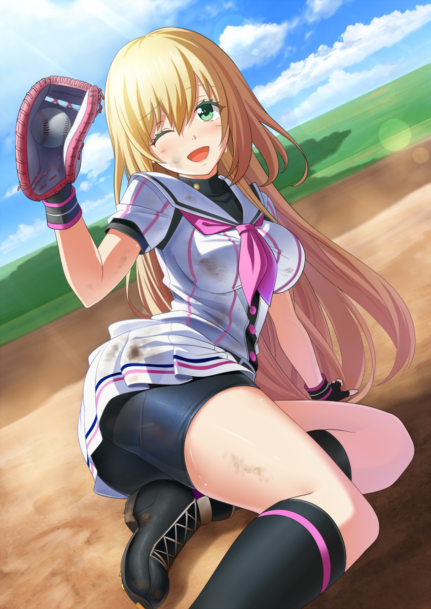 1girl ;d arm_support ball baseball_glove belt bike_shorts black_footwear black_gloves black_legwear black_shorts blonde_hair blush breasts cleats clouds dirty_clothes dirty_face dutch_angle eyebrows_visible_through_hair female fingerless_gloves gloves green_eyes hachigatsu_no_cinderella_nine hair_between_eyes highres kneehighs large_breasts lens_flare long_hair looking_at_viewer neckerchief nozaki_yuuki nyanmaru on_ground one_eye_closed open_mouth outdoors pantylines pleated_skirt sailor_collar shadow shirt shoes short_sleeves shorts single_stripe skirt sky smile solo striped striped_shirt sunlight sweat sweatband very_long_hair white_skirt