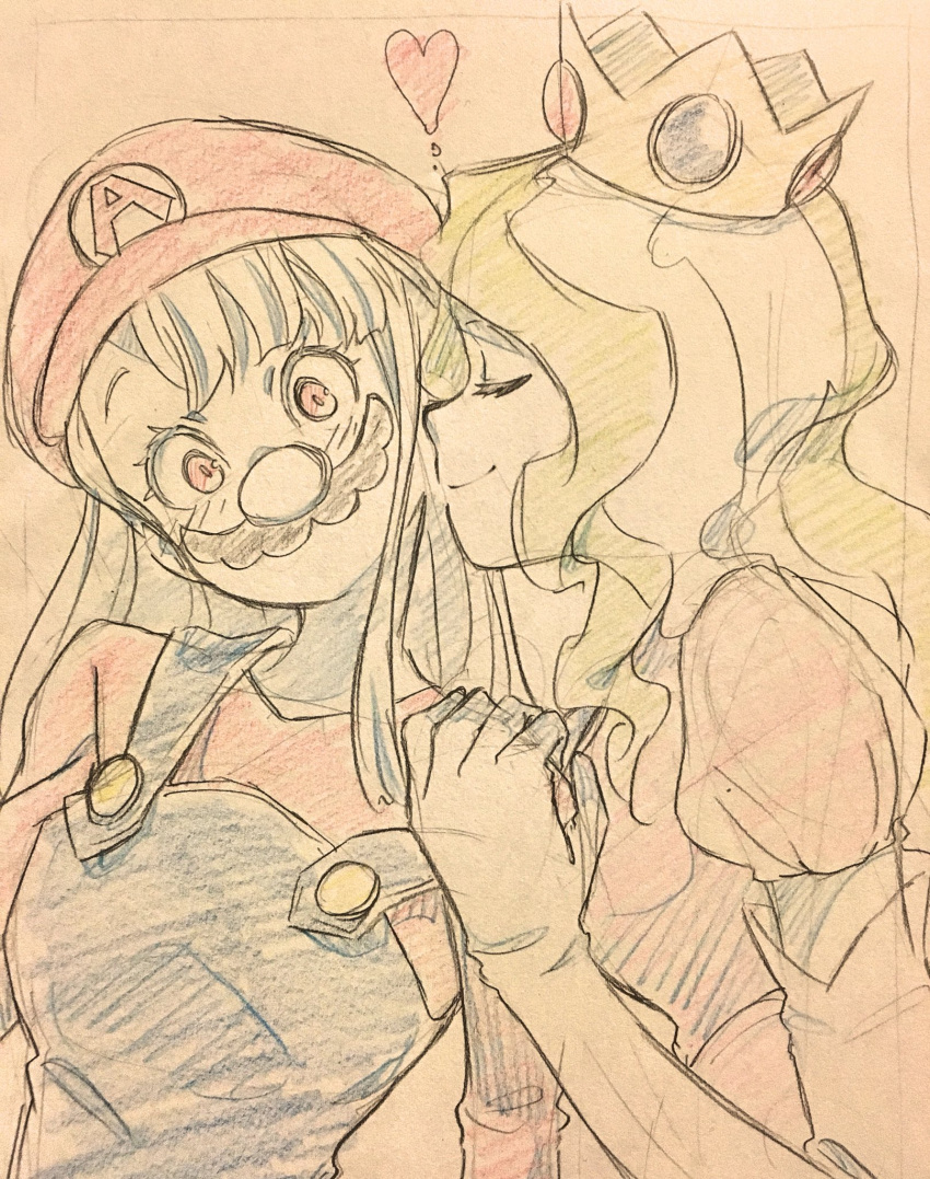 2girls cheek_kiss closed_eyes commentary_request cosplay crown diana_cavendish fake_facial_hair fake_mustache highres kagari_atsuko kiss little_witch_academia mario mario_(cosplay) mochiro_anm multiple_girls princess_peach princess_peach_(cosplay) sketch yuri