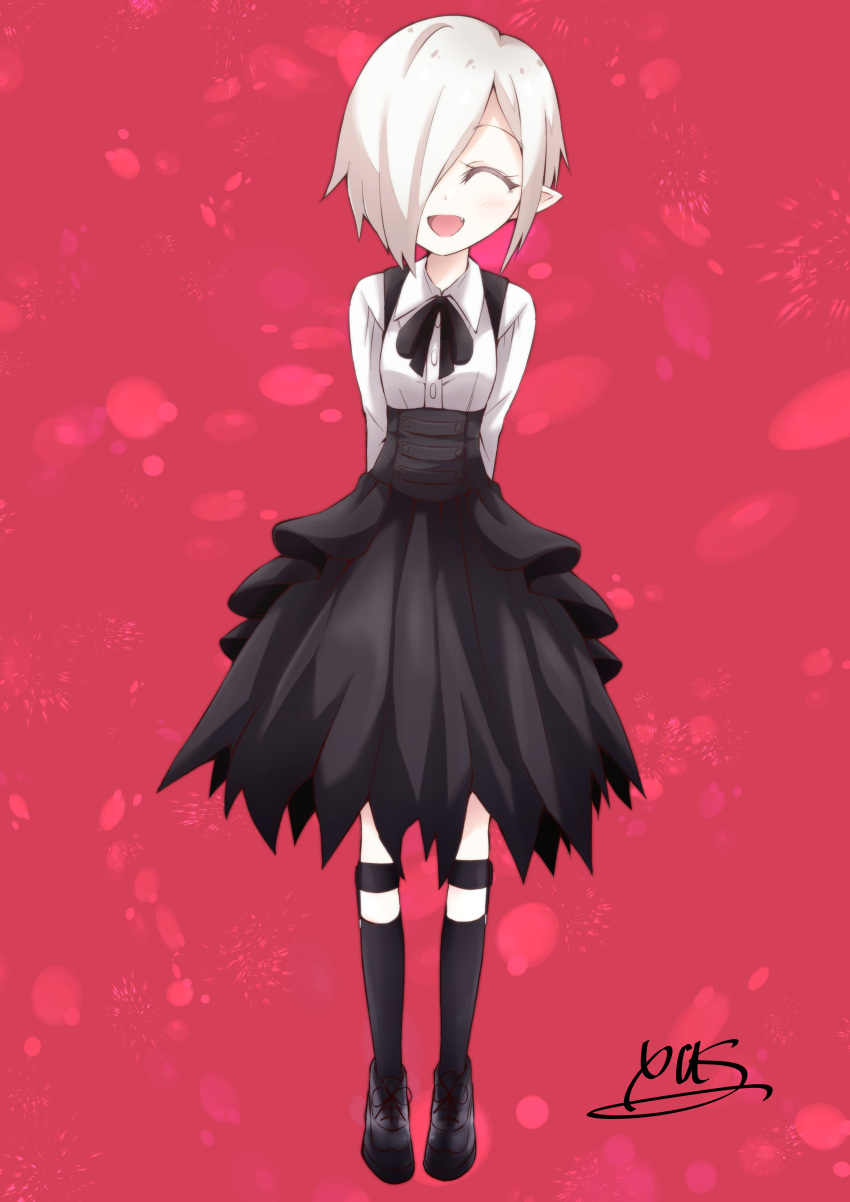 1girl :d ^_^ absurdres arms_behind_back black_footwear black_legwear black_ribbon black_skirt blush brown_hair closed_eyes collared_shirt full_body hair_over_one_eye high-waist_skirt highres jashin-chan_dropkick kneehighs neck_ribbon open_mouth persephone_ii pointy_ears red_background ribbon shirt short_hair signature skirt smile solo standing suspender_skirt suspenders white_shirt wing_collar yyuki317