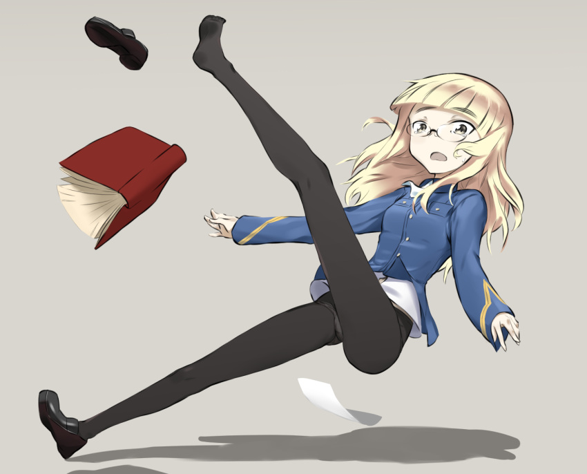 1girl bangs black_footwear blonde_hair blue_jacket blunt_bangs book cravat eyebrows_visible_through_hair falling fankupl full_body glasses jacket kicking leg_up loafers long_hair long_sleeves looking_at_viewer military military_uniform no_pants open_mouth panties panties_under_pantyhose pantyhose paper perrine_h_clostermann shadow shirt shoe_removed shoes solo standing strike_witches sweatdrop tripping underwear uniform white_neckwear white_shirt world_witches_series yellow_eyes