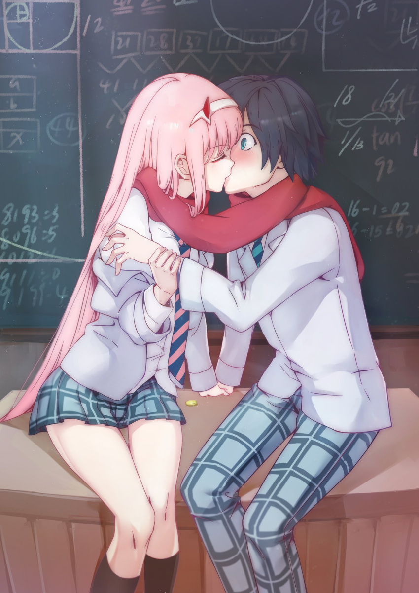 1boy 1girl black_hair blue_eyes blush chalkboard chenaze57 closed_eyes commentary_request couple darling_in_the_franxx eyebrows_visible_through_hair fringe green_eyes grey_jacket hair_ornament hairband hand_holding hetero highres hiro_(darling_in_the_franxx) holding_another's_arm horns jacket jacket_pull kiss long_hair long_sleeves looking_at_another necktie oni_horns open_clothes open_jacket pants pink_hair plaid plaid_pants plaid_skirt red_horns red_scarf scarf school_uniform shared_scarf shirt short_hair sitting sitting_on_table skirt thighs white_hairband white_shirt zero_two_(darling_in_the_franxx)