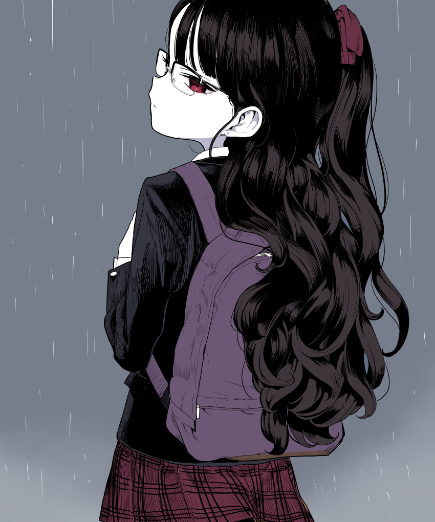 1girl absurdres backpack bag bangs black_hair black_jacket blue_background blunt_bangs bow child closed_mouth collared_shirt cowboy_shot doremi from_behind glasses hair_bow highres jacket long_hair long_sleeves looking_at_viewer looking_back original pleated_skirt rain red_bow red_eyes red_skirt school_uniform shirt skirt standing white_shirt white_skin