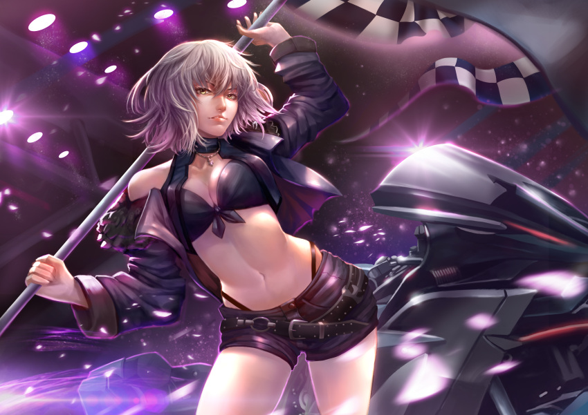 1girl absurdres bangs belt black_bikini_top black_jacket black_panties black_shorts breasts checkered checkered_flag choker cleavage fate/grand_order fate_(series) flag floating_hair ground_vehicle hair_between_eyes highleg highleg_panties highres holding holding_flag jacket jeanne_d'arc_(alter)_(fate) jeanne_d'arc_(fate)_(all) jewelry looking_at_viewer medium_breasts midriff motor_vehicle motorcycle navel necklace open_clothes open_jacket panties parted_lips racequeen sekaizero short_hair short_shorts shorts silver_hair solo stomach underwear yellow_eyes