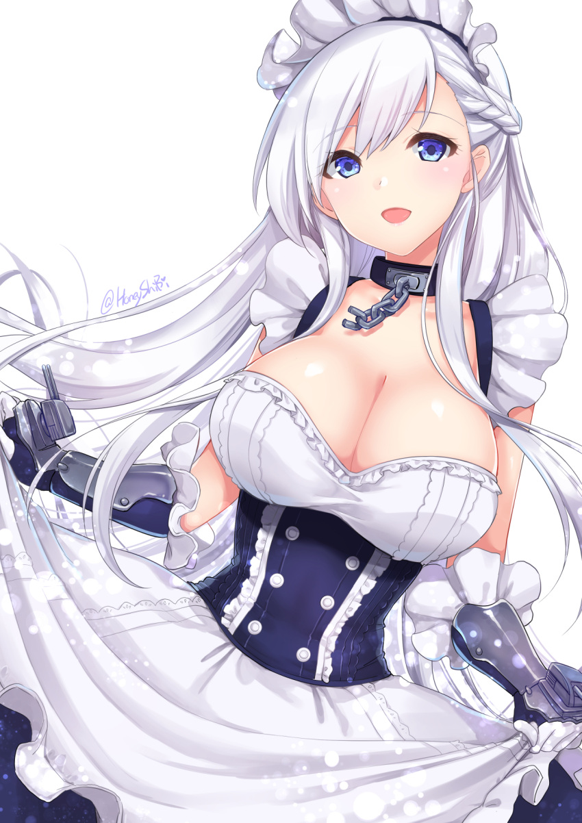 1girl apron artist_name azur_lane bangs belfast_(azur_lane) blue_dress blue_eyes braid breasts buttons chains cleavage collar commentary_request corset dress dutch_angle eyebrows_visible_through_hair frilled_apron frilled_sleeves frills gloves highres large_breasts maid_apron maid_headdress open_mouth shibi shiny shiny_skin silver_hair simple_background smile solo swept_bangs turret white_apron white_background white_gloves