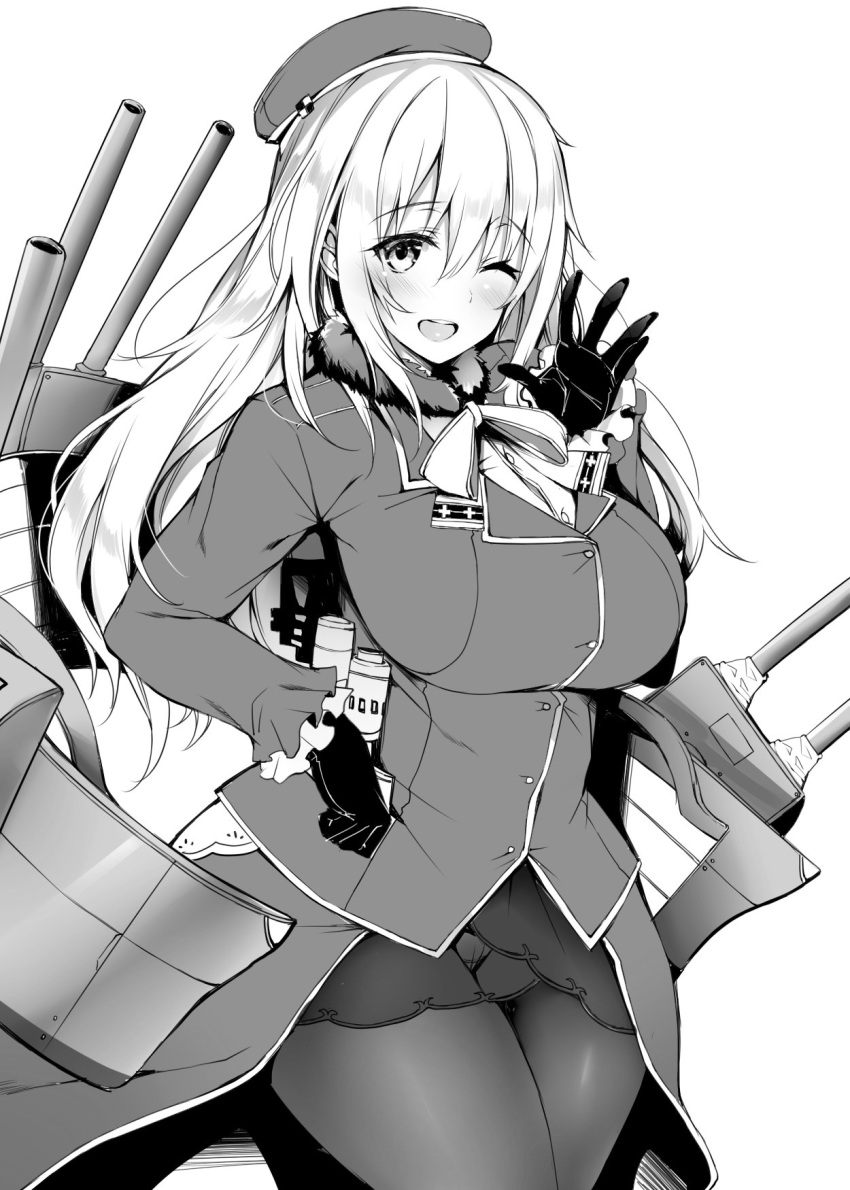 1girl atago_(kantai_collection) bangs beret blue_gk blush breasts eyebrows_visible_through_hair fur_collar gloves greyscale hair_between_eyes hat highres hips kantai_collection large_breasts long_hair looking_at_viewer military military_uniform monochrome neck_ribbon one_eye_closed open_mouth pantyhose ribbon rigging simple_background skirt smile solo thighs uniform waving white_background