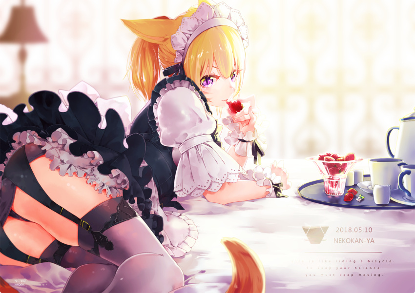 1girl animal_ears apron arm_garter artist_name bangs bed_sheet blonde_hair cat_ears cat_tail commentary_request cup dated facial_mark final_fantasy final_fantasy_xiv food frills fruit garter_straps hair_between_eyes holding lamp lili_mdoki looking_at_viewer lying maid_headdress miqo'te one-piece_swimsuit panties pantyshot pantyshot_(lying) ponytail short_hair short_sleeves slit_pupils smile solo strawberry swimsuit tail teacup teapot thigh-highs tray underwear violet_eyes