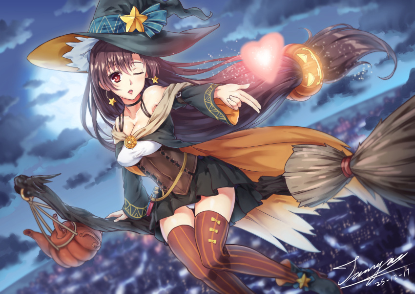 1girl alternate_costume ankle_boots arm_strap bangs bare_shoulders blown_kiss blurry blurry_background boots bow_legwear breasts broom broom_riding choker cityscape cleavage clouds corset dated earrings floating_hair full_body full_moon girls_frontline gun hair_between_eyes hair_ornament halloween hat heart high_heels highres jewelry kettle light_particles long_hair looking_at_viewer low-tied_long_hair moon night night_sky off_shoulder one_eye_closed open_mouth panties pumpkin purple_hair sidelocks sidesaddle signature sky smile solo star star_(sky) star_earrings starry_sky striped striped_legwear tamashii_yuu test_tube thigh-highs thighs type_64_(girls_frontline) underwear violet_eyes weapon white_panties witch witch_hat