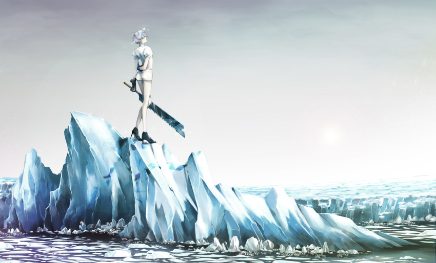 1other ahoge androgynous antarcticite blue_eyes boots gem_uniform_(houseki_no_kuni) glacier gloves high_heels highres houseki_no_kuni ice looking_at_viewer looking_back scenery short_hair shuiqin silver_hair solo sparkle sword weapon white_hair winter