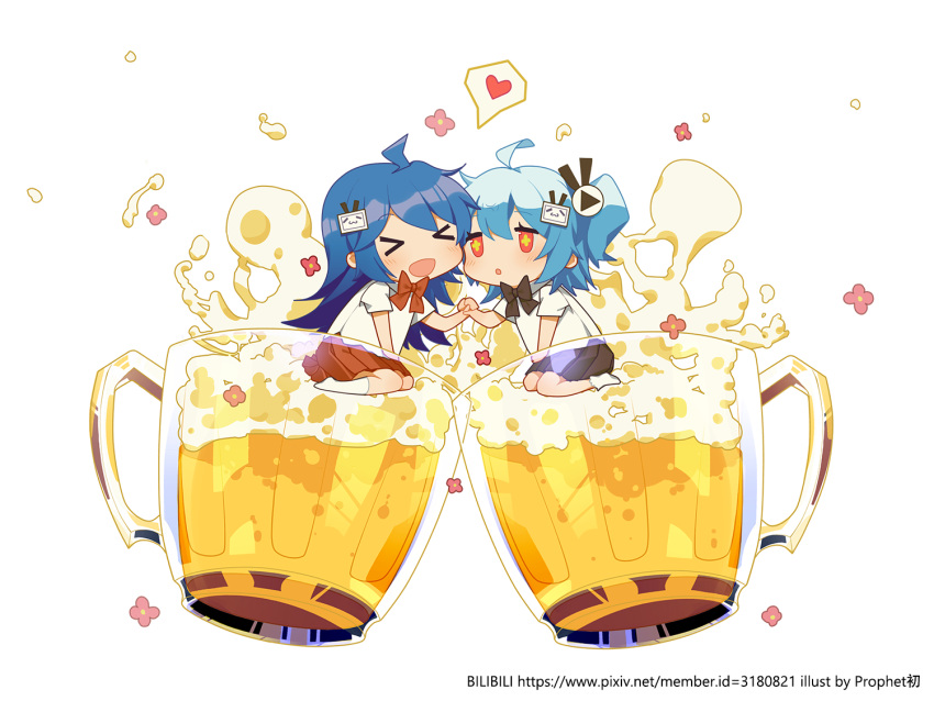 &gt;_&lt; 2girls :d :o alcohol artist_name bangs beer beer_mug bilibili_douga blue_hair blush brown_skirt closed_eyes commentary_request copyright_name eyebrows_visible_through_hair facing_another flower flower-shaped_pupils hair_between_eyes hair_ornament hand_holding heart in_container kneehighs long_hair looking_at_another minigirl multiple_girls no_shoes official_art one_side_up open_mouth parted_lips pink_flower pleated_skirt prophet_chu red_eyes red_skirt shirt short_sleeves simple_background sitting skirt smile socks spoken_heart very_long_hair wariza white_background white_legwear white_shirt xd