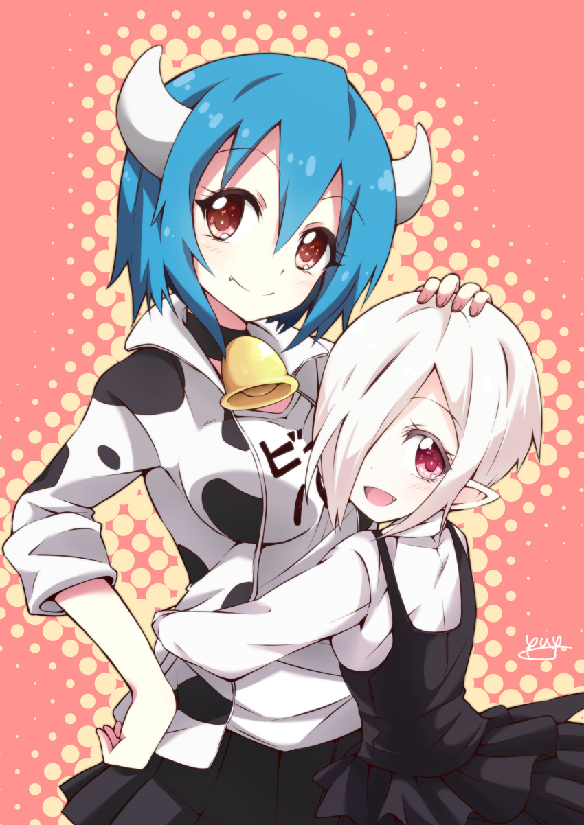 2girls :d absurdres animal_print bell bell_choker blue_hair blush breasts brown_hair choker closed_mouth clothes_writing cow_print eyebrows_visible_through_hair fang fang_out hair_between_eyes hair_over_one_eye halftone hand_on_another's_head head_tilt highres horns hug jacket jashin-chan_dropkick large_breasts looking_at_viewer minos_(jashin-chan_dropkick) multiple_girls open_clothes open_jacket open_mouth persephone_ii pointy_ears red_background red_eyes shirt signature skirt smile suspender_skirt suspenders twisted_neck white_shirt yyuki317
