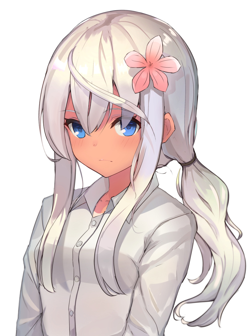 1girl absurdres alternate_costume alternate_hairstyle bangs blue_eyes commentary flower hair_flower hair_ornament hairclip highres kantai_collection long_hair ro-500_(kantai_collection) shirt solo tan tanline tota_(sizukurubiks) white_background white_hair white_shirt