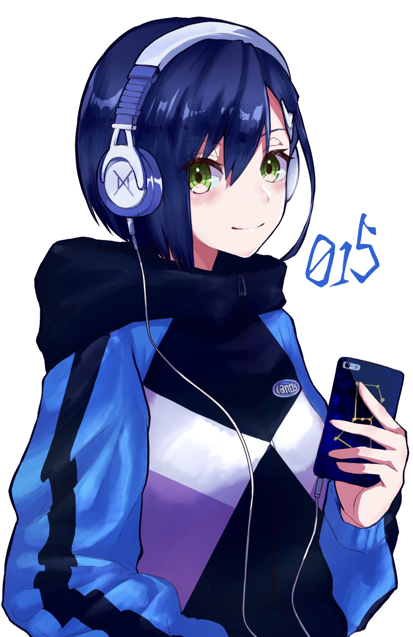 1girl absurdres blue_hair casual cellphone closed_mouth commentary_request darling_in_the_franxx eyebrows_visible_through_hair green_eyes hair_between_eyes hair_ornament hairclip headphones highres holding holding_cellphone holding_phone hood hood_down hoodie ichigo_(darling_in_the_franxx) looking_at_viewer phone short_hair smartphone smile solo yoshi2_oide