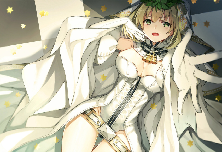 1girl akami_fumio belt blonde_hair breasts bridal_veil chains checkered checkered_floor cleavage detached_collar detached_sleeves fate/extra fate/extra_ccc fate/grand_order fate_(series) gloves green_eyes head_wreath large_breasts leotard lock long_sleeves looking_at_viewer loose_belt lying nero_claudius_(bride)_(fate) nero_claudius_(fate)_(all) on_back open_mouth padlock puffy_detached_sleeves puffy_sleeves smile solo star strapless strapless_leotard veil white_gloves white_leotard zipper