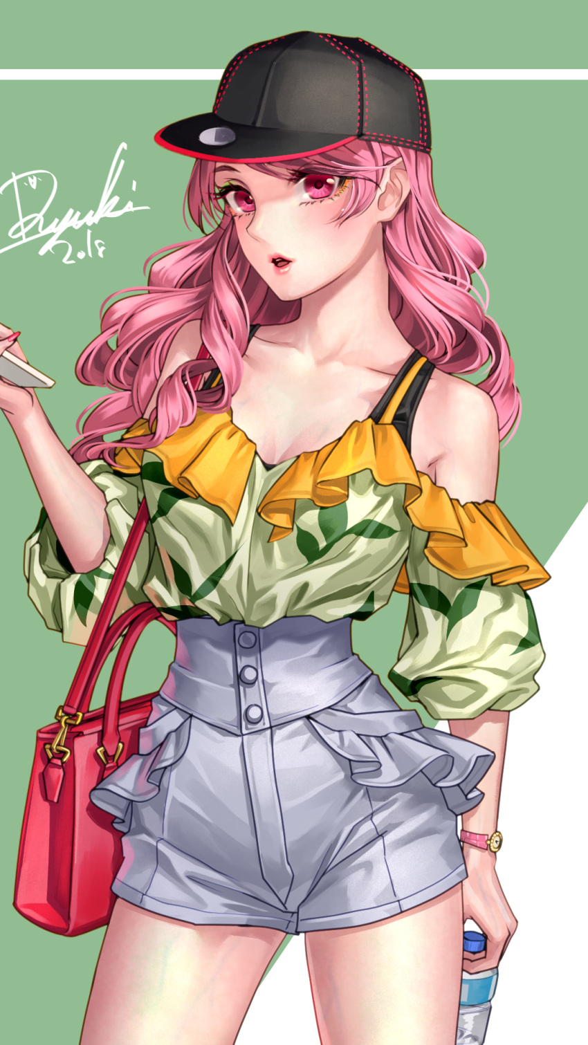 1girl arm_at_side bare_shoulders baseball_cap black_hat bottle breasts casual curly_hair frilled_shirt frilled_shorts frills green_shirt hand_up hat high-waist_shorts highres holding holding_bag holding_bottle long_hair looking_at_viewer medium_breasts nail_polish open_mouth original pink_eyes pink_hair red_nails ryuki@maguro-ex shirt shirt_tucked_in shorts signature solo standing veins watch watch