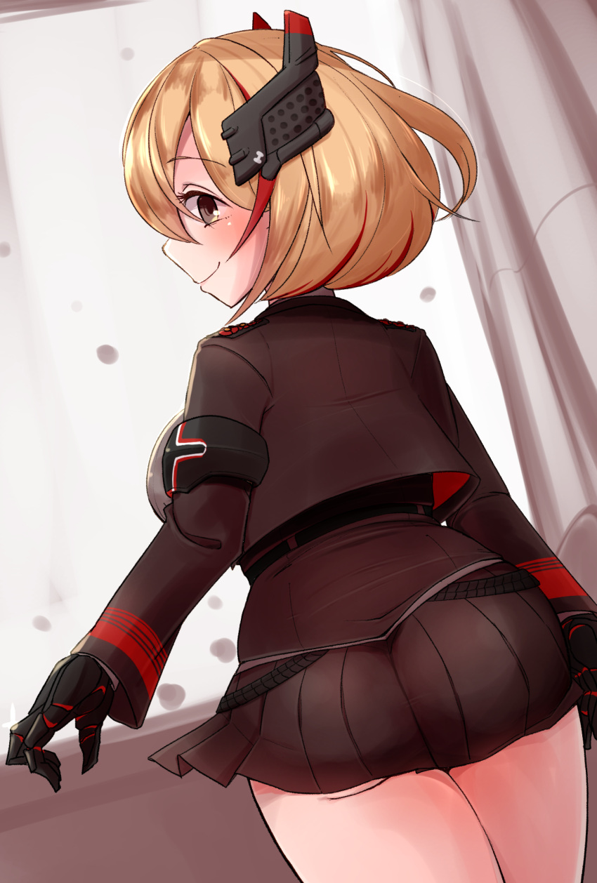 1girl armband ass azur_lane bangs black_jacket black_skirt blonde_hair blush brown_eyes closed_mouth cowboy_shot cropped_jacket curtains eyebrows eyebrows_visible_through_hair eyelashes from_behind hair_between_eyes headgear highres horoyuki_(gumizoku) iron_cross jacket legs_together looking_at_viewer looking_back microskirt military military_uniform multicolored_hair open_clothes open_jacket pleated_skirt redhead robot_joints roon_(azur_lane) short_hair skirt smile solo streaked_hair tareme two-tone_hair uniform window