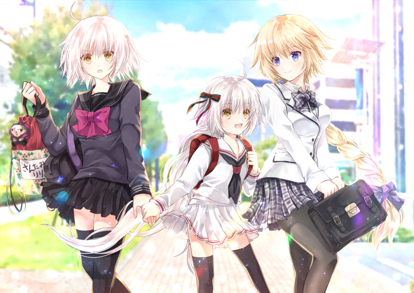 3girls :d ahoge backpack bag bag_charm bangs black_legwear black_neckwear black_sailor_collar black_serafuku black_shirt black_skirt blazer blonde_hair blue_bow blue_eyes blue_sky blurry blurry_background blush bow bowtie braid breasts charm_(object) clouds commentary_request contemporary day depth_of_field eyebrows_visible_through_hair fate/apocrypha fate/grand_order fate_(series) fingernails gilles_de_rais green_bow green_ribbon grey_skirt hair_between_eyes hair_bow holding holding_weapon iroha_(shiki) jacket jeanne_d'arc_(alter)_(fate) jeanne_d'arc_(fate) jeanne_d'arc_(fate)_(all) jeanne_d'arc_alter_santa_lily long_hair long_sleeves low_ponytail medium_breasts multiple_girls nail_polish neckerchief open_mouth outdoors pantyhose pink_neckwear plaid plaid_neckwear plaid_skirt pleated_skirt ponytail randoseru ribbon sailor_collar school_bag school_briefcase school_uniform serafuku shirt short_hair silver_hair skirt sky smile striped striped_bow striped_ribbon thigh-highs tree very_long_hair weapon white_blazer white_nails white_sailor_collar white_serafuku white_shirt white_skirt yellow_eyes