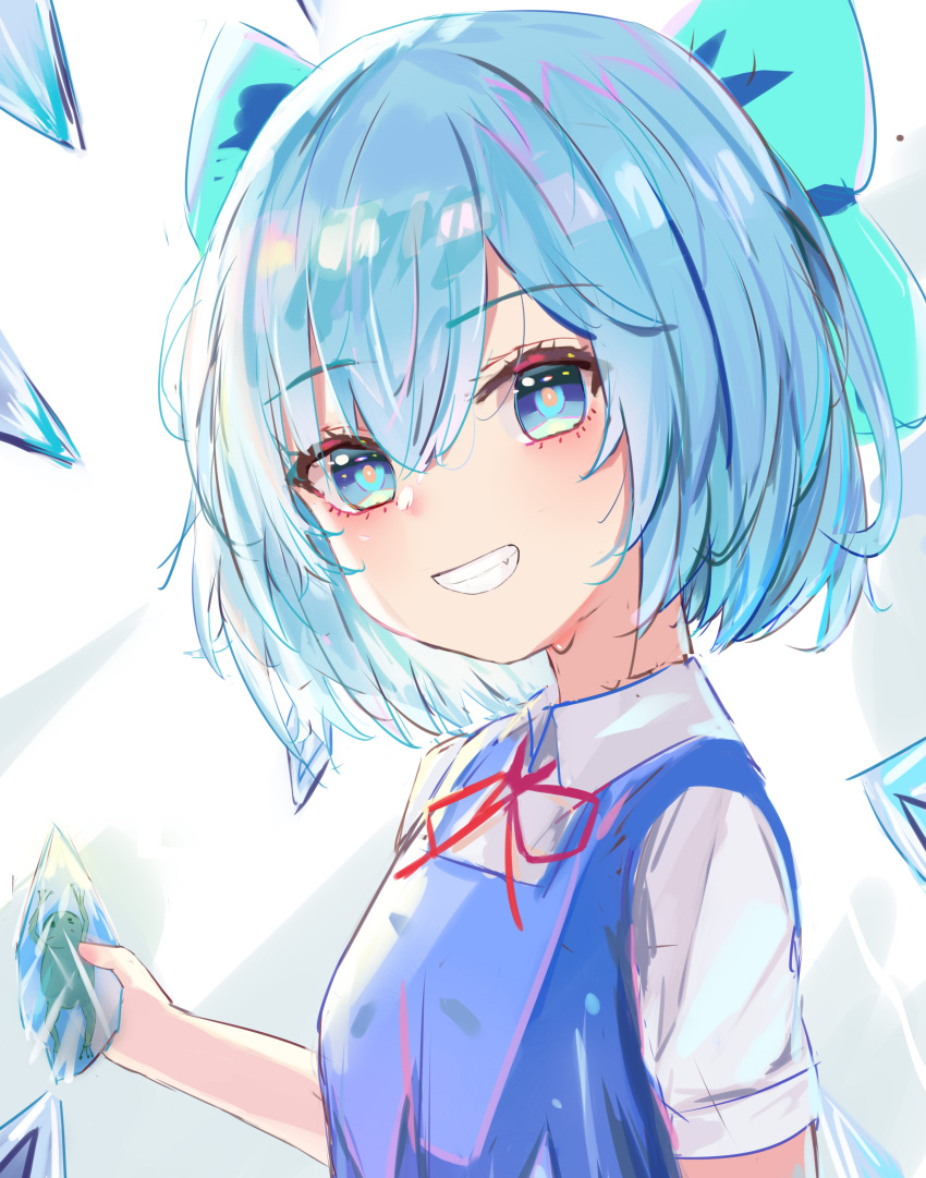 1girl absurdres blue_eyes blue_hair bow cirno eyebrows_visible_through_hair frozen_frog grin hair_between_eyes hair_bow highres ice ice_wings looking_at_viewer lshiki short_hair simple_background smile solo touhou upper_body white_background wings