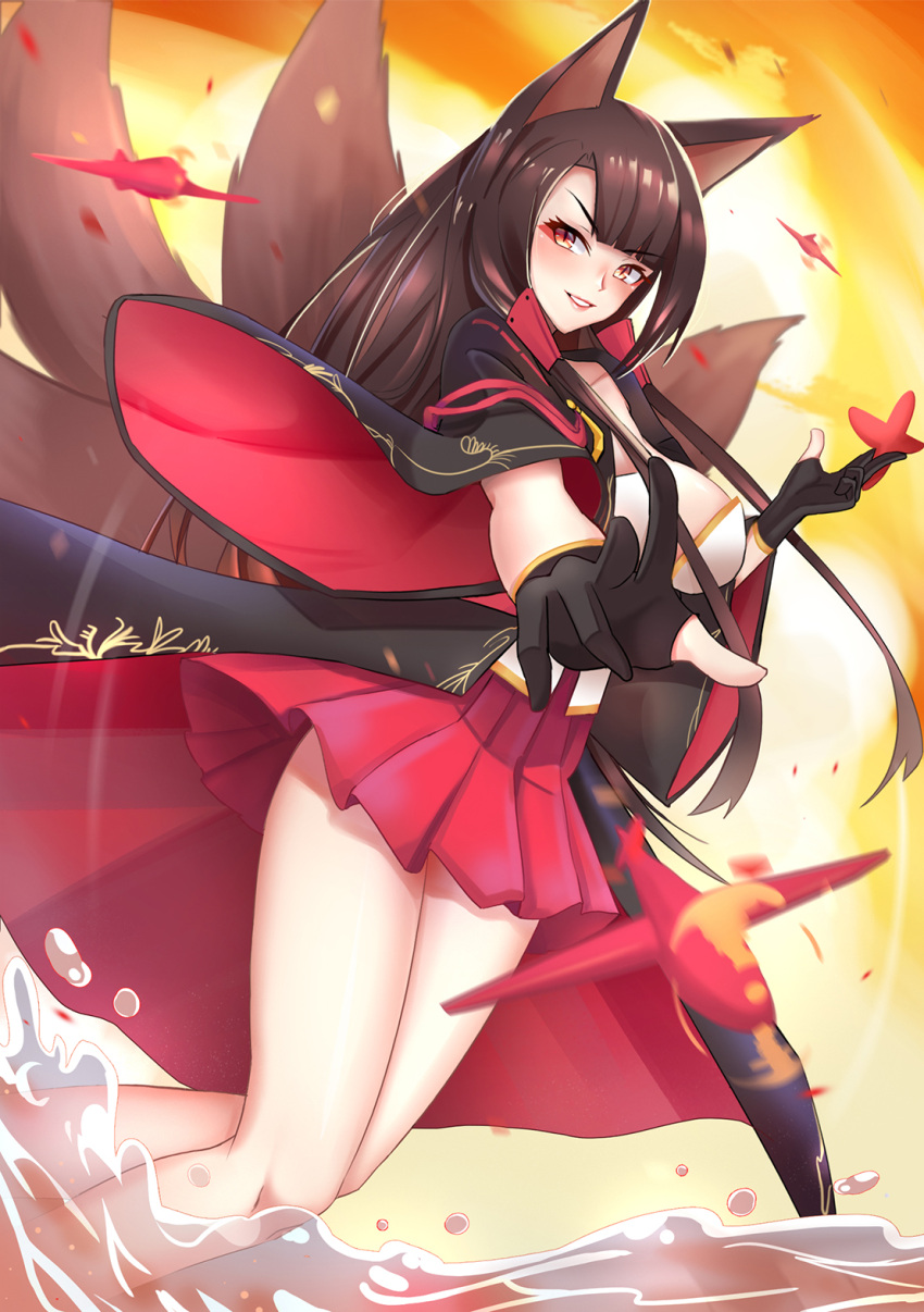 1girl aircraft airplane akagi_(azur_lane) animal_ears asymmetrical_bangs azur_lane bangs black_gloves black_kimono blurry blurry_foreground breasts brown_hair collarbone commentary_request depth_of_field dutch_angle eyebrows_visible_through_hair eyeliner eyeshadow fox_ears fox_tail gloves highres japanese_clothes kimono kitsune large_breasts leng_xiao lips long_hair long_sleeves looking_at_viewer looking_to_the_side makeup multiple_tails ocean open_clothes open_kimono parted_lips partly_fingerless_gloves pleated_skirt red_eyes red_skirt skirt solo sunset tail thigh-highs v-shaped_eyebrows very_long_hair water wide_sleeves zettai_ryouiki