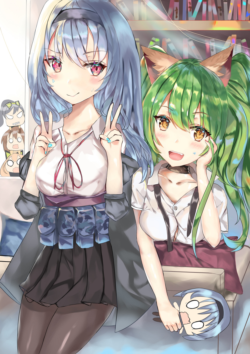 1girl 2girls absurdres aek-999_(girls_frontline) ammunition_pouch animal_ears artist_request bangs black_hairband black_jacket black_legwear black_skirt blue_nails blush breasts choker closed_mouth collarbone collared_shirt couch double_v eyebrows_visible_through_hair facepaint fang girls_frontline green_hair hair_between_eyes hairband hand_on_own_cheek head_tilt heart highres holding jacket leaning_on_object long_hair long_sleeves looking_at_viewer m950a_(girls_frontline) medium_breasts messy_hair multiple_girls nail_polish neck_ribbon off_shoulder open_mouth pantyhose pink_nails pleated_skirt pouch red_eyes red_ribbon ribbon shirt short_sleeves sidelocks sitting skirt smile sweat thunder_(girls_frontline) tmp_(girls_frontline) twintails two_side_up v very_long_hair white_shirt yellow_eyes