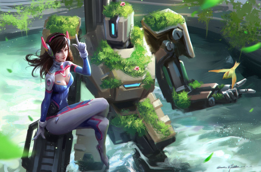 1girl adapted_costume alternate_costume animal animal_print artist_name bangs bastion_(overwatch) bird blue_bodysuit bodysuit breasts brown_eyes brown_hair bunny_print cleavage commentary d.va_(overwatch) day english_commentary facepaint facial_mark flower full_body ganymede_(overwatch) gloves gun headphones high_collar index_finger_raised legs_crossed long_hair looking_at_another looking_at_viewer medium_breasts moss one_eye_closed outdoors overgrown_bastion overwatch painting pilot_suit pink_lips plant qichao_wang realistic ribbed_bodysuit river robot shoulder_pads signature sitting sitting_on_object sitting_on_robot skin_tight swept_bangs tree_branch weapon whisker_markings white_gloves