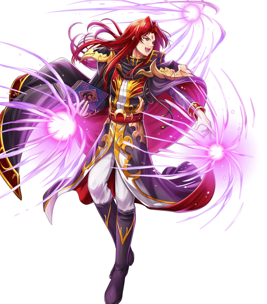 1boy belt black_cape black_coat black_footwear book boots cape coat energy energy_ball evil_smile facial_mark fire_emblem fire_emblem:_seisen_no_keifu fire_emblem_heroes forehead_mark highres holding holding_book holding_cape long_coat long_hair long_sleeves looking_to_the_side official_art open_mouth pants pointing pointing_at_viewer red_eyes redhead shoulder_pads sidelocks smile white_pants yurius_(fire_emblem)