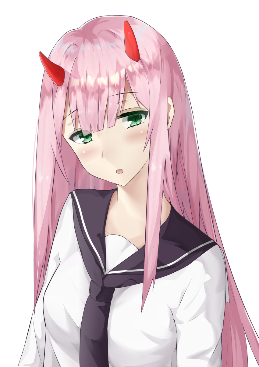 1girl absurdres bangs blush breasts commentary_request darling_in_the_franxx eyebrows_visible_through_hair eyes_visible_through_hair green_eyes hair_between_eyes head_tilt highres horns long_hair looking_at_viewer medium_breasts nagisa_(cxcx5235) open_mouth pink_hair red_horns school_uniform serafuku simple_background solo white_background zero_two_(darling_in_the_franxx)