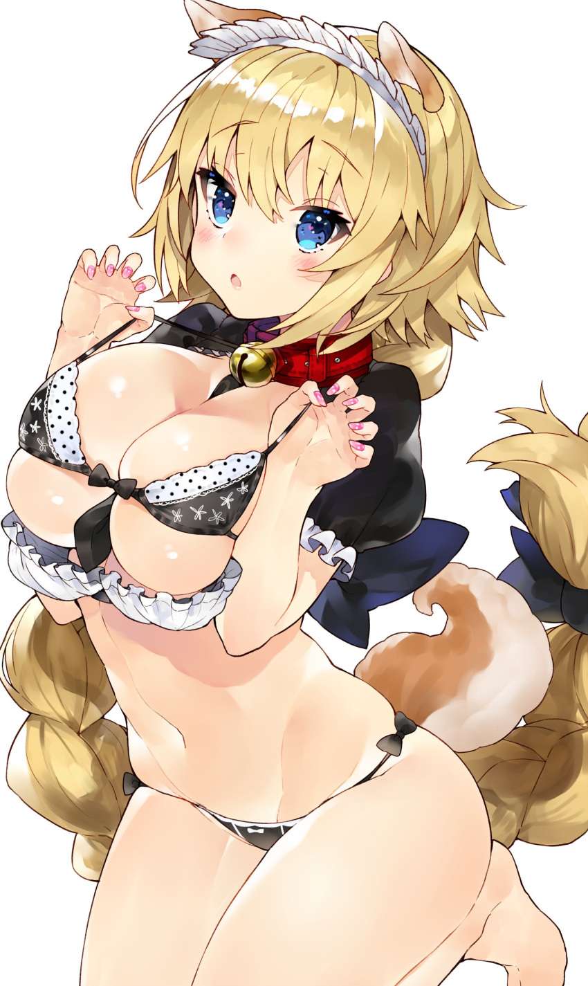 1girl absurdres animal_ears bare_legs bell bell_collar bikini bikini_pull black_bikini blonde_hair blue_eyes blush breasts collar dog_ears dog_tail fate/apocrypha fate_(series) hair_ribbon highres jeanne_d'arc_(fate) jeanne_d'arc_(fate)_(all) kou_mashiro large_breasts long_braid long_hair looking_at_viewer maid nail_polish navel open_mouth puffy_short_sleeves puffy_sleeves ribbon short_sleeves simple_background solo swimsuit tail white_background