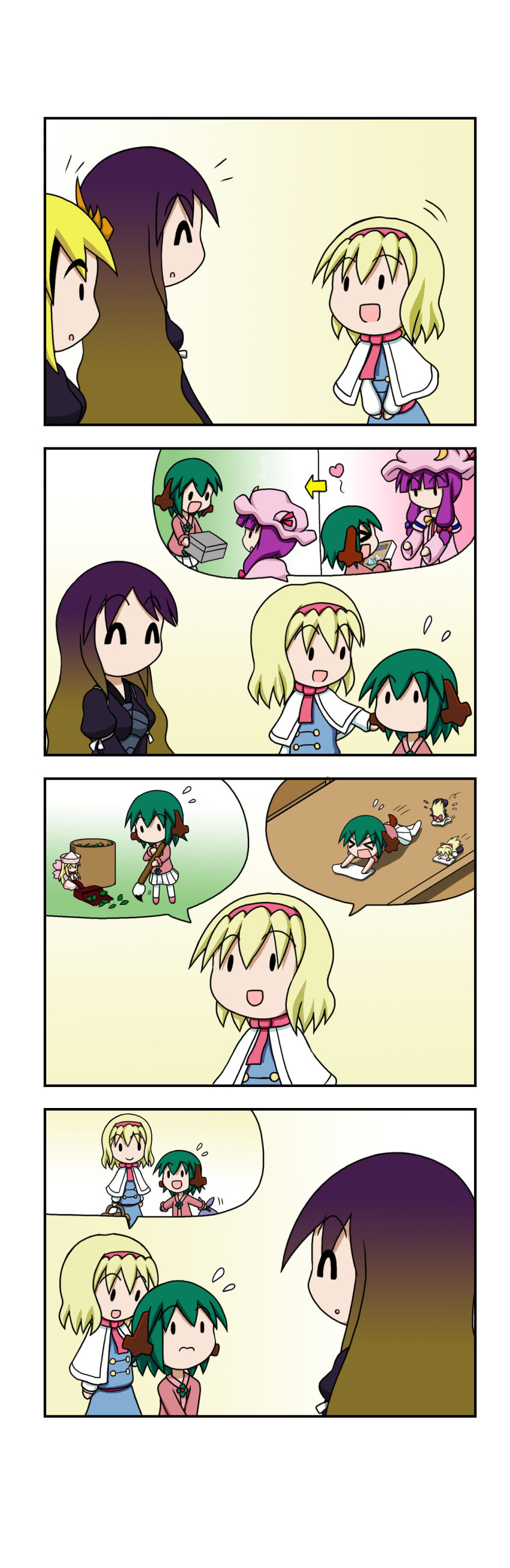 &gt;_&lt; 3: 4koma 5girls :d :o ^_^ absurdres alice_margatroid animal_ears bangs basket blonde_hair blunt_bangs book box brush capelet cleaning closed_eyes cloth comic commentary_request cowboy_shot double_bun dress dustpan eyebrows_visible_through_hair facing_another falling flying_sweatdrops gradient_hair green_hair hair_between_eyes hairband hat hat_ribbon heart highres hijiri_byakuren kasodani_kyouko layered_dress leaf lily_white lolita_hairband long_hair long_sleeves looking_at_another mob_cap multicolored_hair multiple_girls open_mouth patchouli_knowledge pleated_skirt purple_hair rakugaki-biyori revision ribbon robe running shanghai_doll short_hair short_sleeves silent_comic skirt smile solid_oval_eyes spoken_person sweeping tail toramaru_shou touhou trash_can upper_body v_arms veranda white_skirt