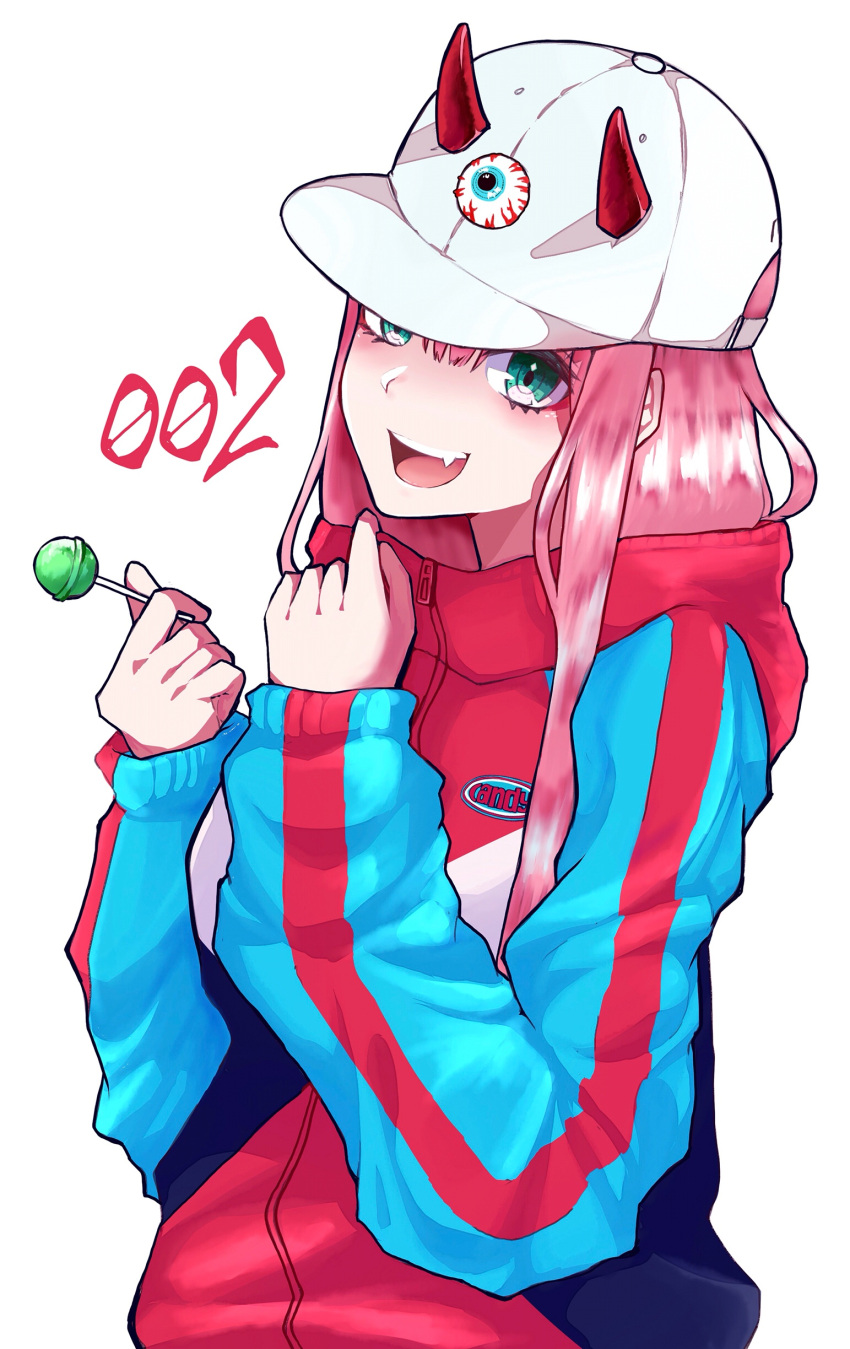 1girl absurdres aqua_eyes bangs baseball_cap candy casual commentary_request darling_in_the_franxx fang food hat highres holding holding_food hood hood_down hoodie horns lollipop looking_at_viewer open_mouth pink_hair red_horns solo yoshi2_oide zero_two_(darling_in_the_franxx)