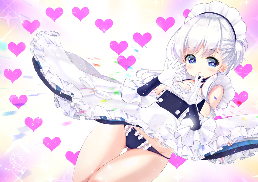 1girl :d apron ass_visible_through_thighs azur_lane bangs belfast_(azur_lane) black_panties blue_dress blue_eyes blush bow bow_panties braid collarbone commentary_request dress dutch_angle elbow_gloves eyebrows_visible_through_hair gloves hair_between_eyes hands_up heart heart-shaped_pupils heart_hands long_hair looking_at_viewer maid maid_headdress one_side_up open_mouth panties sawa_(sawasaku) signature silver_hair sleeveless sleeveless_dress smile solo sparkle symbol-shaped_pupils underwear waist_apron white_apron white_gloves younger