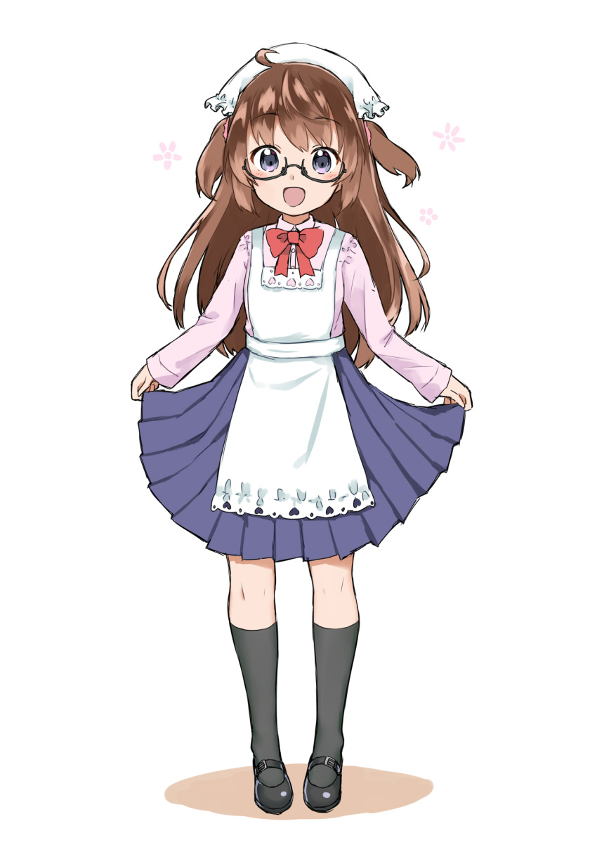 1girl :d apron bangs black-framed_eyewear black_footwear black_legwear blue_skirt blush bow bowtie brown_hair commentary_request eyebrows_visible_through_hair full_body glasses hair_between_eyes heart heart_cutout highres long_hair long_sleeves looking_at_viewer mary_janes open_mouth original pink_shirt pleated_skirt red_neckwear sekira_ame semi-rimless_eyewear shirt shoes skirt skirt_hold smile solo standing thigh-highs two_side_up under-rim_eyewear very_long_hair violet_eyes white_apron white_background
