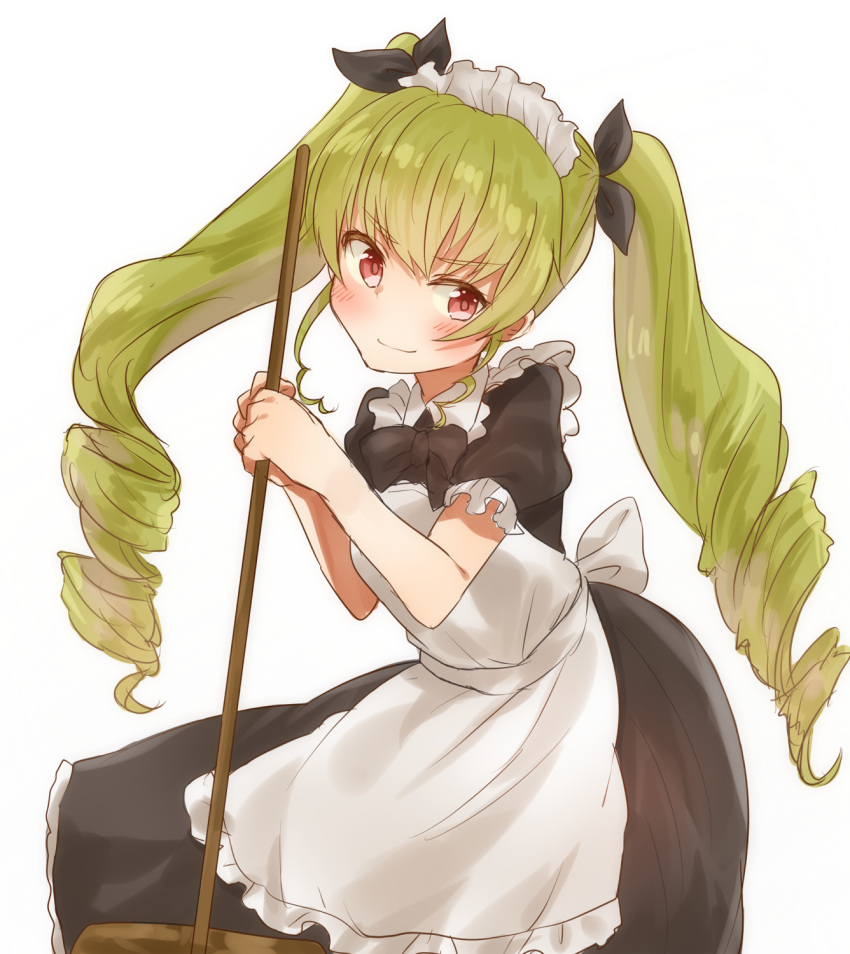 1girl alternate_costume anchovy apron bangs black_dress black_neckwear black_ribbon bow bowtie broom closed_mouth collared_dress cowboy_shot dress drill_hair enmaided eyebrows_visible_through_hair frilled_dress frills girls_und_panzer green_hair hair_ribbon head_tilt highres holding holding_broom koretsuna leaning_forward long_dress long_hair looking_at_viewer maid maid_apron puffy_short_sleeves puffy_sleeves red_eyes ribbon short_sleeves simple_background smile solo standing twin_drills twintails white_apron white_background