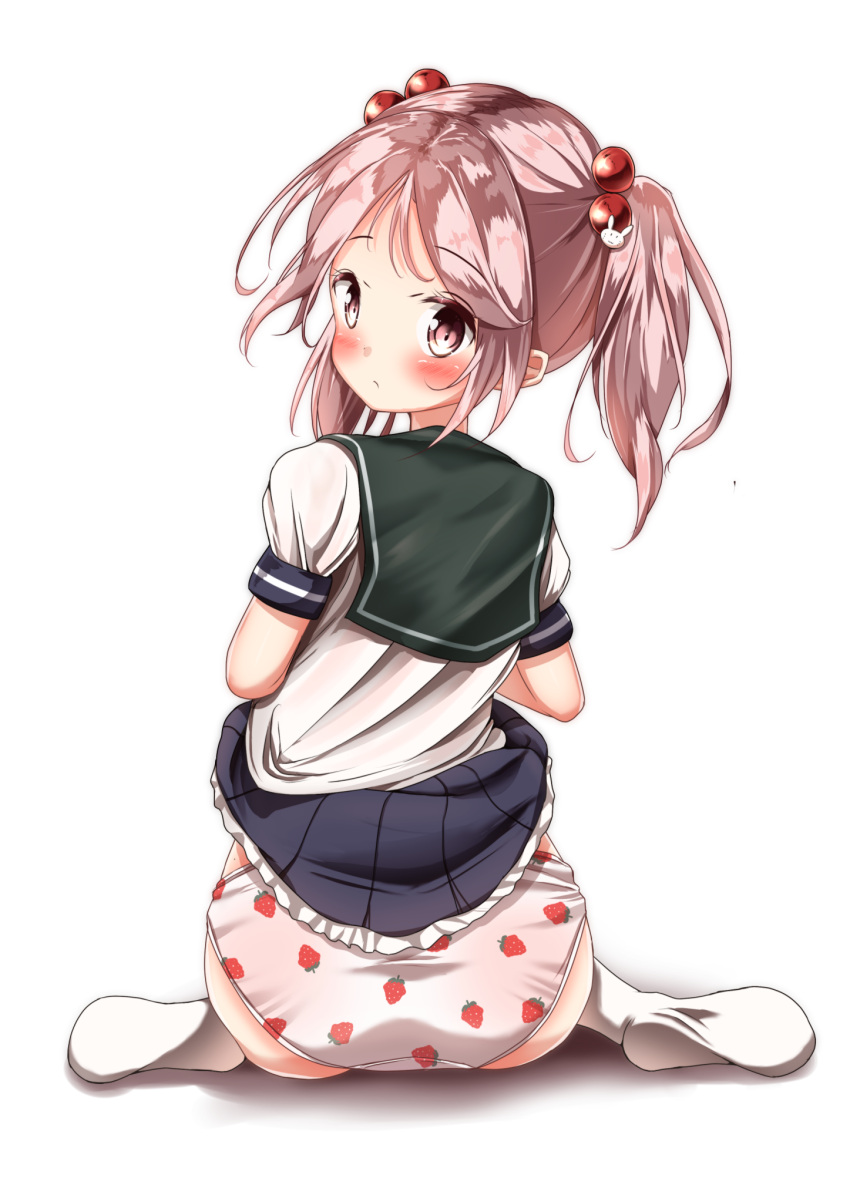 1girl bad_anatomy bad_feet bad_leg black_skirt blush bunny_hair_ornament food_print hair_bobbles hair_ornament highres kantai_collection mochiyuki panties pink_eyes pink_hair pleated_skirt print_panties puffy_short_sleeves puffy_sleeves sazanami_(kantai_collection) school_uniform serafuku shadow short_hair short_sleeves simple_background skirt solo strawberry_panties strawberry_print twintails underwear white_background white_legwear white_panties