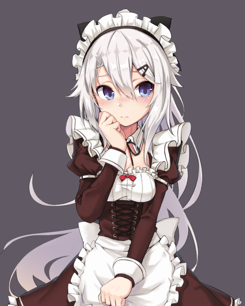 1girl 9a-91_(girls_frontline) alternate_costume apron bangs blue_eyes blush boots bow breasts cleavage closed_mouth corset embarrassed girls_frontline grey_background grey_hair hair_between_eyes hair_bow hair_ornament hairclip hand_on_own_cheek highres ivan_wang juliet_sleeves long_hair long_sleeves looking_at_viewer looking_away maid maid_headdress medium_breasts ponytail puffy_sleeves sidelocks simple_background solo thigh-highs very_long_hair waist_apron