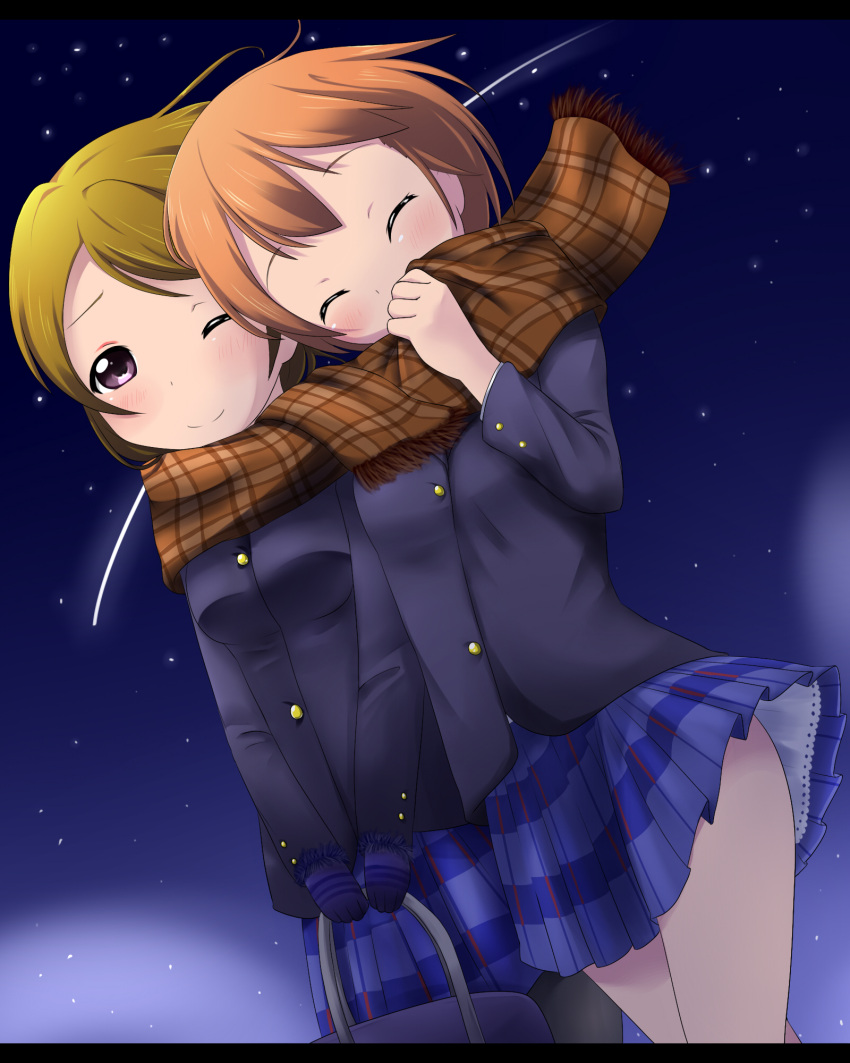 2girls ;) bag bangs black_blazer blazer blue_gloves blue_skirt blush breasts brown_hair brown_scarf closed_eyes commentary_request dutch_angle eyebrows_visible_through_hair fringe fur-trimmed_gloves fur_trim gloves hand_up head_tilt highres holding hoshizora_rin jacket koizumi_hanayo long_sleeves love_live! love_live!_school_idol_project makuran multiple_girls night night_sky one_eye_closed outdoors plaid plaid_scarf pleated_skirt scarf school_bag school_uniform shared_scarf skirt sky small_breasts smile v_arms violet_eyes