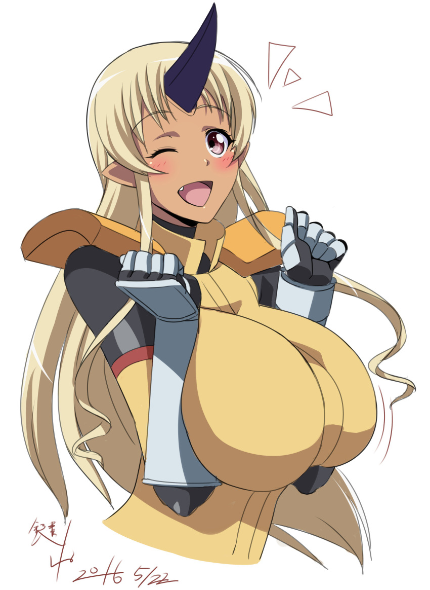 1girl 2016 ;d absurdres blonde_hair blush breast_squeeze breasts dated fang gauntlets highres horn huge_breasts kagiyama_(gen'ei_no_hasha) long_hair monster_musume_no_iru_nichijou ogre one_eye_closed open_mouth pointy_ears red_eyes signature simple_background smile solo tionishia uniform upper_body very_long_hair white_background