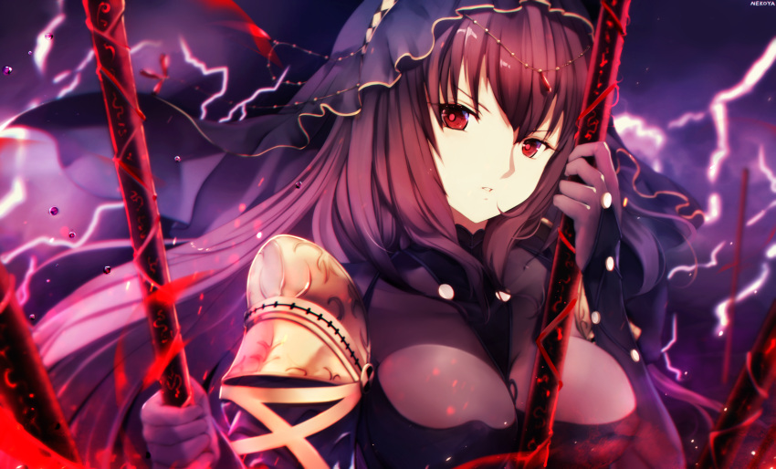 1girl absurdres bodysuit breasts dyolf expressionless fate/grand_order fate_(series) gae_bolg highres holding holding_spear holding_weapon large_breasts lightning long_hair looking_at_viewer pauldrons polearm purple purple_background purple_bodysuit purple_hair red_eyes scathach_(fate/grand_order) solo spear upper_body veil weapon