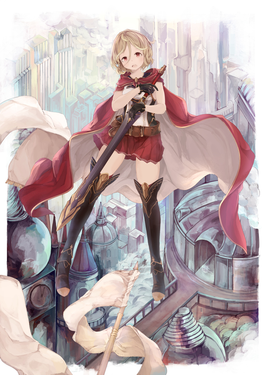 1girl :o absurdres belt black_gloves black_legwear bridge cape flag full_body gloves highres holding holding_sword holding_weapon midair original red_cape red_eyes red_skirt short_hair skirt solo sword weapon yashiron2011