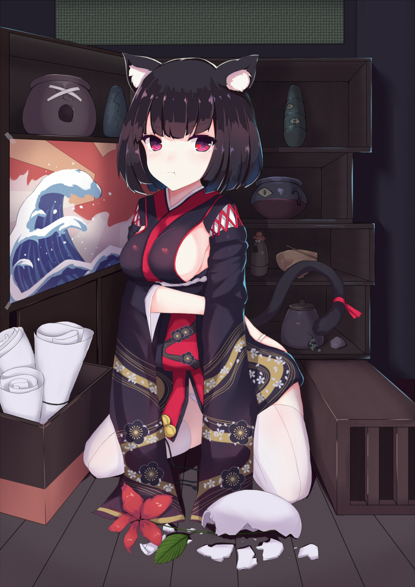 1girl :t animal_ears azur_lane bangs bell black_hair black_kimono blush breasts broken cat_ears cat_girl cat_tail cleavage closed_mouth commentary_request eyebrows_visible_through_hair filings_(ailuo_c) flower highres indoors japanese_clothes jingle_bell kimono long_sleeves panties pantyhose pout red_eyes red_flower red_ribbon ribbon shelf short_hair sideboob solo tail tail_ribbon tears underwear vase waves white_legwear white_panties wide_sleeves yamashiro_(azur_lane)
