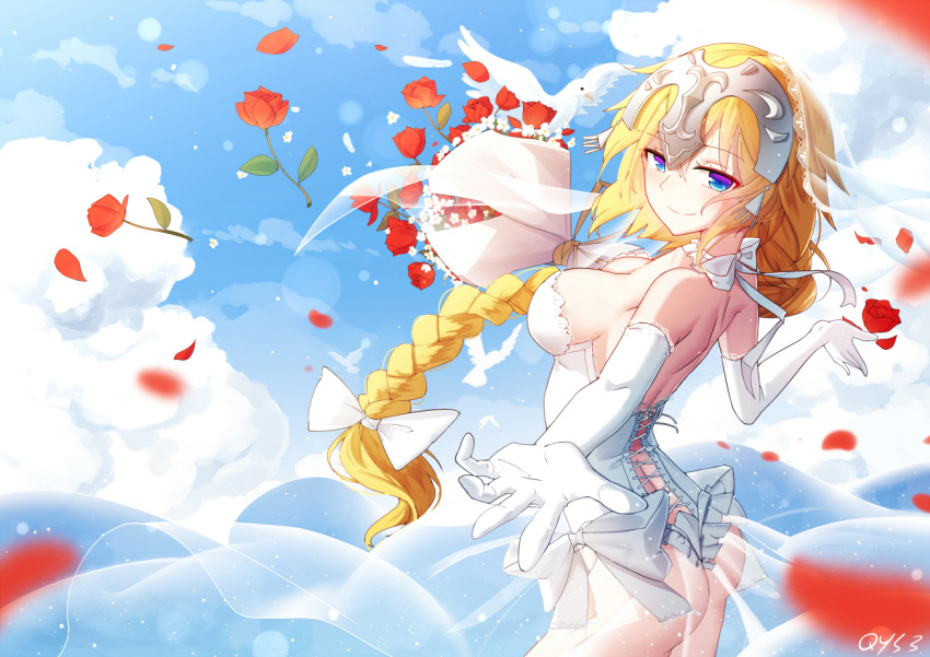 1girl animal ass bai_yemeng bare_shoulders bird blonde_hair blue_eyes blue_sky blurry blurry_foreground bouquet bow braid breasts closed_mouth clouds commentary_request day depth_of_field dove elbow_gloves fate/grand_order fate_(series) flower gloves hair_bow headpiece jeanne_d'arc_(fate) jeanne_d'arc_(fate)_(all) large_breasts leotard long_hair outdoors outstretched_arm petals red_flower red_rose rose see-through signature sky smile solo strapless strapless_leotard very_long_hair white_bow white_gloves white_leotard
