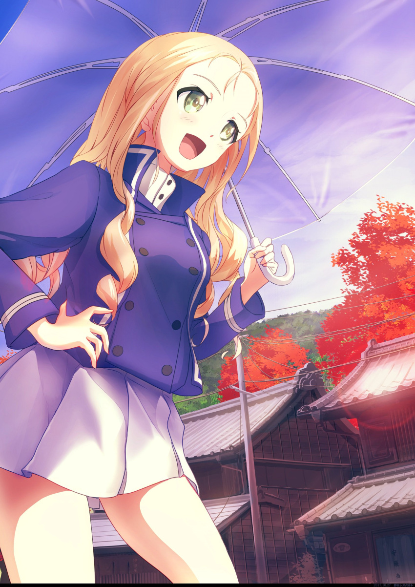 1girl :d absurdres bc_freedom_military_uniform blonde_hair blue_jacket blue_umbrella blue_vest building clouds cloudy_sky commentary_request cowboy_shot day dress_shirt drill_hair girls_und_panzer green_eyes hand_on_hip high_collar highres holding holding_umbrella jacket lens_flare long_hair long_sleeves looking_to_the_side marie_(girls_und_panzer) military military_uniform miniskirt open_mouth outdoors pleated_skirt shirt skirt sky smile solo standing tonan_leopard tree umbrella uniform utility_pole vest white_shirt white_skirt