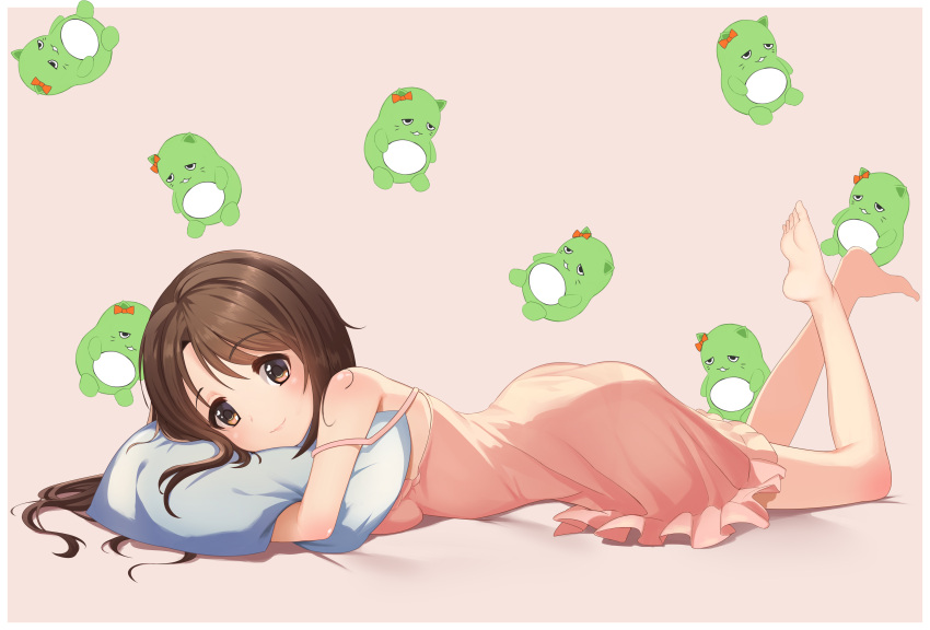 1girl absurdres bangs barefoot blush breast_press breasts brown_eyes brown_hair eyebrows_visible_through_hair highres hpb8642 idolmaster idolmaster_cinderella_girls long_hair looking_at_viewer lying medium_breasts nightgown on_bed on_stomach pillow pillow_hug pina_korata shimamura_uzuki smile solo strap_slip