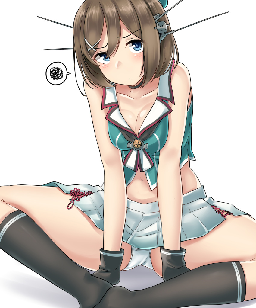 1girl absurdres black_gloves black_legwear blue_eyes breasts brown_hair cleavage full_body gloves hair_ornament hairclip headgear highres indian_style kantai_collection kiritto maya_(kantai_collection) medium_breasts midriff navel panties pantyshot pantyshot_(sitting) pleated_skirt remodel_(kantai_collection) school_uniform serafuku short_hair simple_background sitting skirt sleeveless socks solo spoken_squiggle squiggle underwear white_background white_panties white_skirt x_hair_ornament