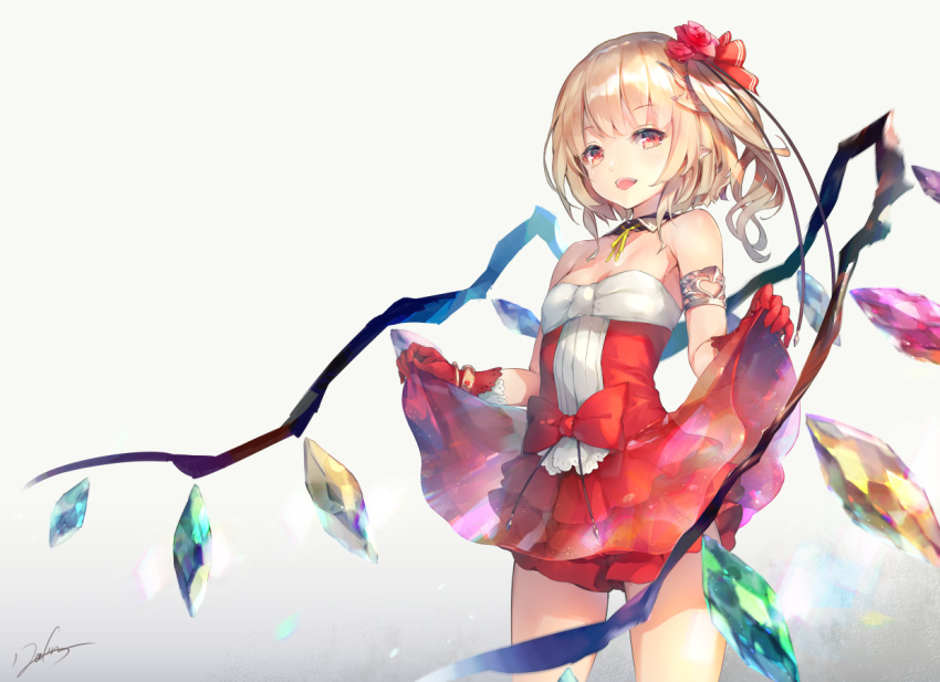 1girl alternate_costume armlet artist_name bare_arms bare_shoulders blonde_hair bow breasts commentary_request cowboy_shot crystal deecha dress dress_lift eyebrows_visible_through_hair flandre_scarlet flower gloves gradient gradient_background grey_background hair_flower hair_ornament hair_ribbon lifted_by_self looking_at_viewer neck_ribbon no_hat no_headwear open_mouth pointy_ears red_bow red_dress red_eyes red_flower red_gloves red_ribbon red_rose ribbon rose short_hair side_ponytail signature small_breasts smile solo standing strapless strapless_dress touhou white_background yellow_neckwear yellow_ribbon