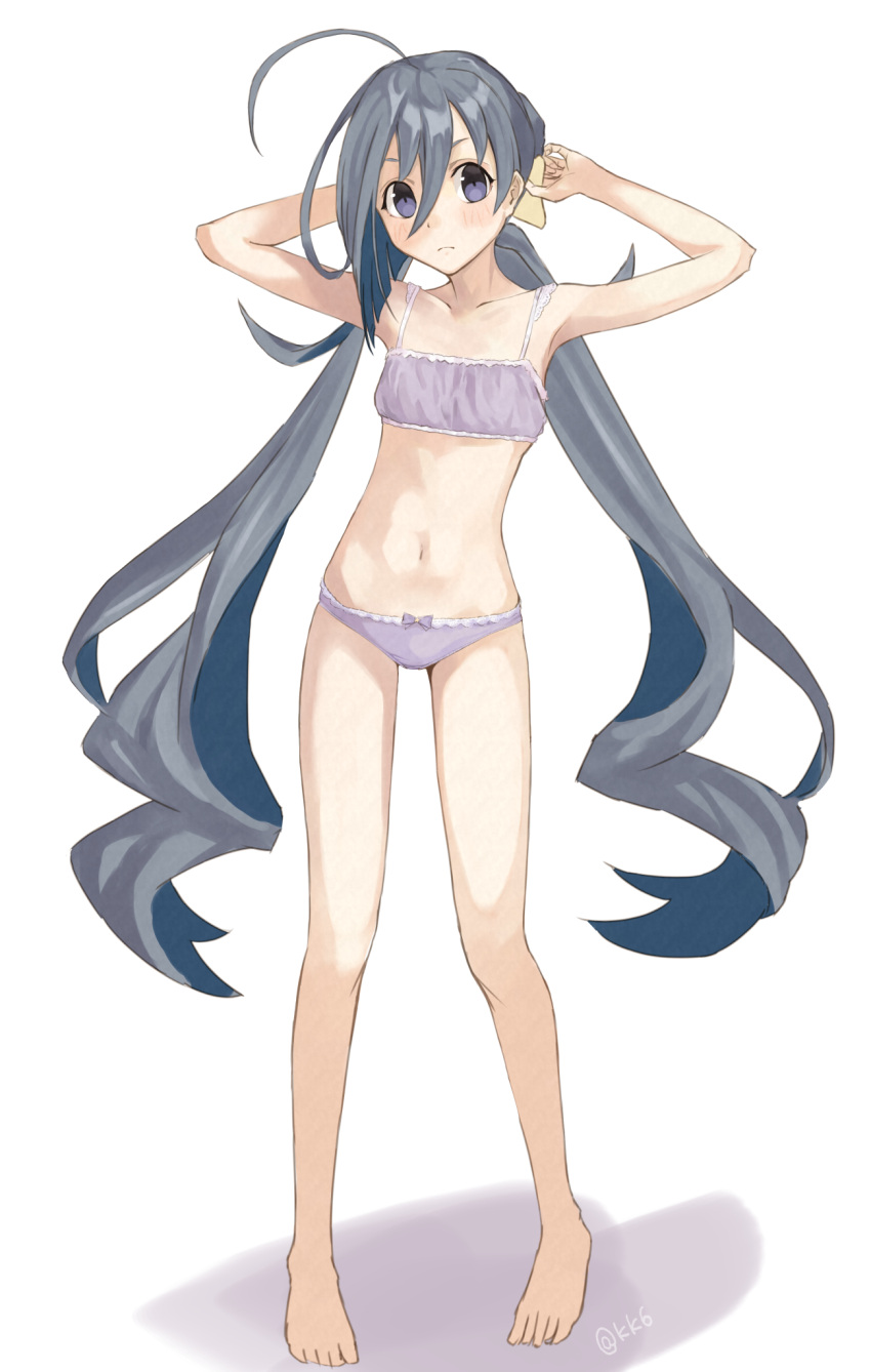 1girl ahoge arms_up ashiya_hiro bangs bare_arms bare_legs bare_shoulders barefoot blush bow bow_panties bra closed_mouth collarbone commentary_request eyebrows_visible_through_hair full_body hair_between_eyes hair_bow highres kantai_collection kiyoshimo_(kantai_collection) long_hair low_twintails panties purple_bra purple_panties silver_hair solo standing twintails twitter_username underwear underwear_only very_long_hair violet_eyes white_background yellow_bow