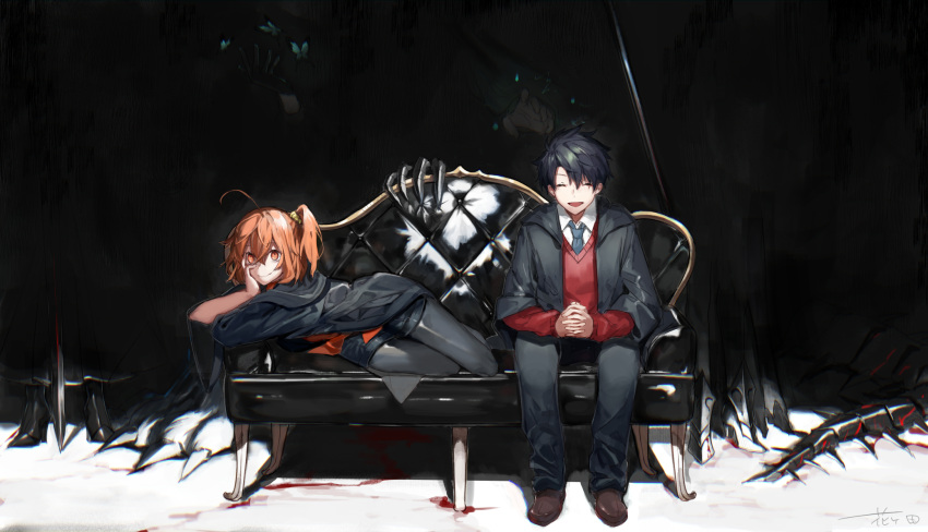 1boy 1girl :d animal arm_support bangs black_footwear black_hair black_jacket black_legwear black_neckwear black_pants black_shorts boots brown_eyes brown_footwear brown_hair bug butterfly closed_eyes closed_mouth collared_shirt couch eyebrows_visible_through_hair facing_viewer fate/grand_order fate_(series) fujimaru_ritsuka_(female) fujimaru_ritsuka_(male) hair_between_eyes hair_ornament hair_scrunchie hanakeda_(hanada_shiwo) highres insect interlocked_fingers jacket long_sleeves looking_at_viewer necktie on_couch one_side_up open_mouth own_hands_together pants pantyhose red_sweater scrunchie shirt shoes short_shorts shorts sitting smile sweater sword tail weapon white_shirt yellow_scrunchie