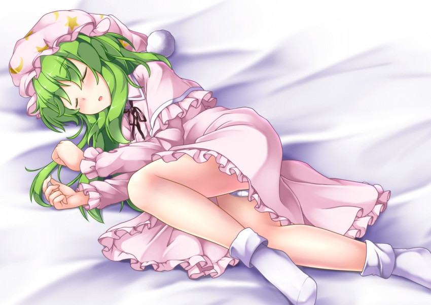 1girl aka_tawashi ass black_neckwear black_ribbon blush closed_eyes commentary_request crescent_print dress eyebrows_visible_through_hair frilled_dress frills full_body green_hair hat highres kazami_yuuka kazami_yuuka_(pc-98) long_hair long_sleeves lying neck_ribbon nightcap nightgown no_shoes on_side parted_lips pink_dress ribbon sleeping socks solo touhou touhou_(pc-98) white_legwear